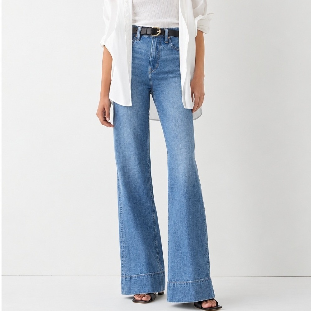 J Crew Denim Trouser Jeans Chambray Medium Blue Wash High Rise Wide Leg 27